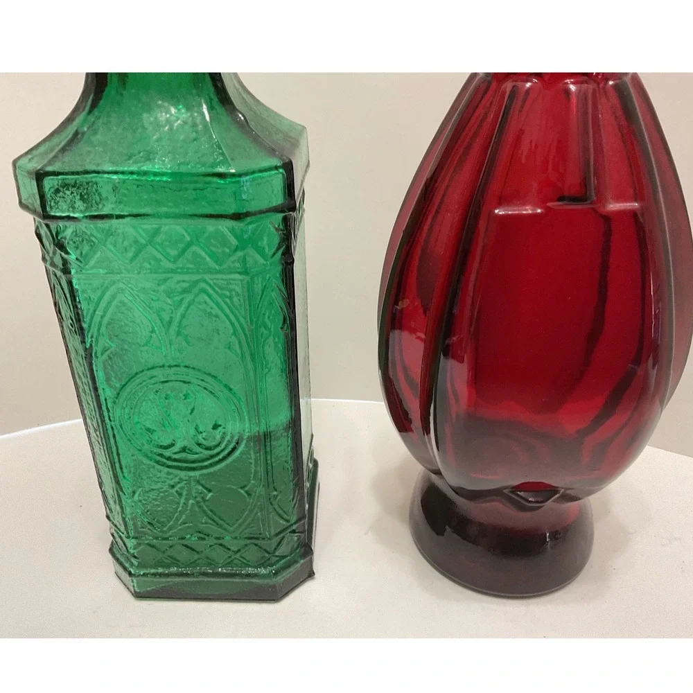 Vintage Glass Decanter Set Ruby Red Melon Emerald Green Embossed Bottles Corks
